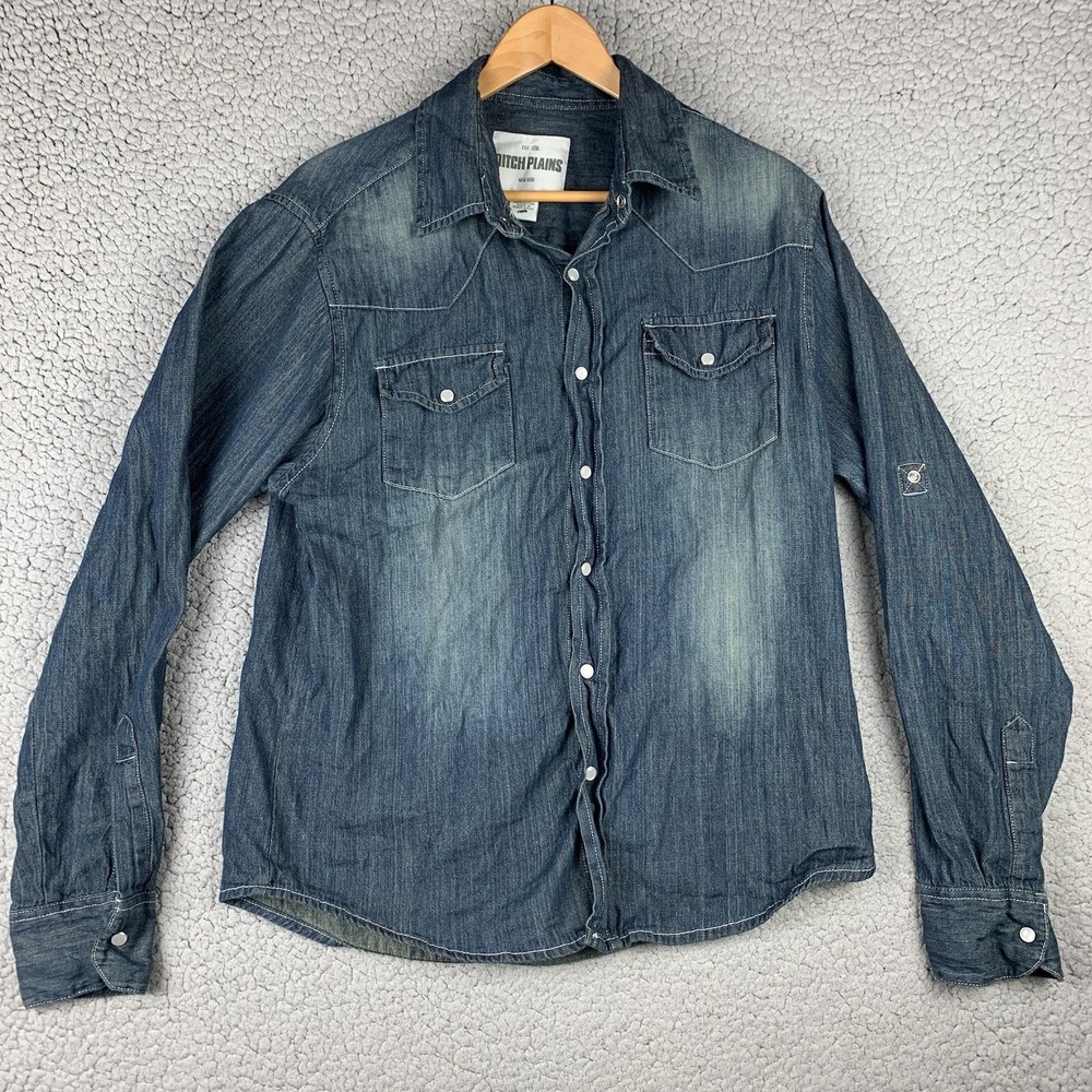 Men's Pearl Snap Chambray Button Shirt Western Sz M Ditch Plains Denim Look Surf
